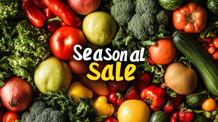 Fresh fruits and vegetables are showcased prominently for a seasonal sale in a lively market setting