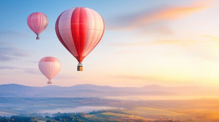 Obraz premium Hot air balloons floating above a vibrant landscape, early morning sky, watercolor style