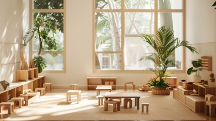 Fototapeta premium A minimalist, sunlit classroom adorned with wooden furniture and large windows allowing greenery to spill inside, creating a bright and inviting learning space.