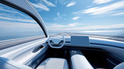 Autonomous luxury car interior with panoramic views of a coastal highway, featuring advanced tech interfaces and sustainable materials.