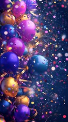 Vibrant Celebration Extravaganza: Festive Party Background with Dazzling Lights, Colorful Confetti, Balloons, and Streamers. Joyous Holiday Atmosphere for Birthdays, National Days, and New Year Events