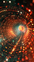 Fototapeta premium Vibrant abstract digital tunnel illuminated by swirling particles in shades of orange and teal during a futuristic visualization