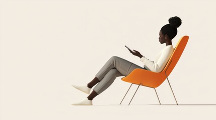 Woman sitting on an orange chair, holding a smartphone, against a minimalist background. Modern lifestyle and technology.