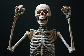 Spooky skeleton raised his hands in victory, Black background, Halloween concept