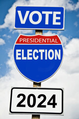US Presidential election vote 2024 written on american roadsign