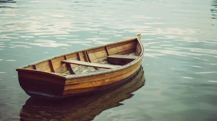 Obraz premium A lonely wooden rowboat drifts gently on the calm waters of a lake, reflecting a peaceful and serene atmosphere.