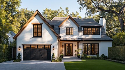 Obraz premium A large white house with a black garage door