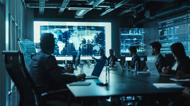 Professionals in a high-tech control room focus intently on screens displaying global data, emphasizing strategy and intelligence.
