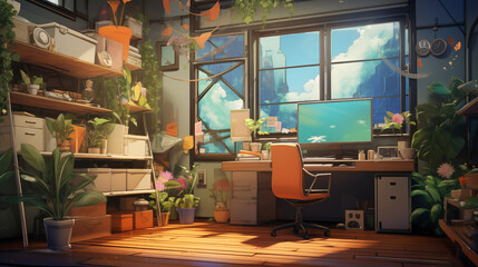 Naklejka premium Photos of work space with plant house in the anime style.