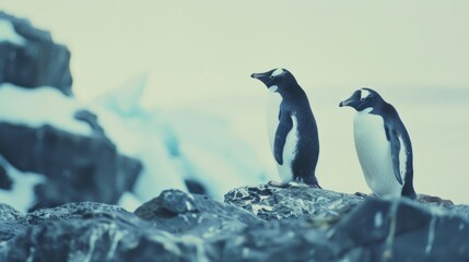 Obraz premium Two penguins stand on rocky terrain in a cold, icy landscape, representing their tough survival and adaptation in harsh, frigid conditions.