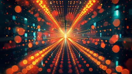Vibrant abstract light tunnel with glowing orbs and colorful streaks, depicting energy and motion in a digital realm at night
