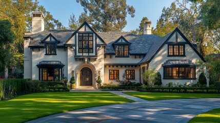 A large house with a white exterior and black trim