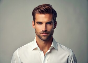 Obraz premium A well-groomed adult male with a fresh haircut and clean-shaven face, wearing a crisp white shirt and standing confidently against a light-colored background.
