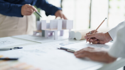 Architecture drawing on architectural Creative project business architecture building construction Industrial engineering Achievement Planning Design on blueprint eco Concept