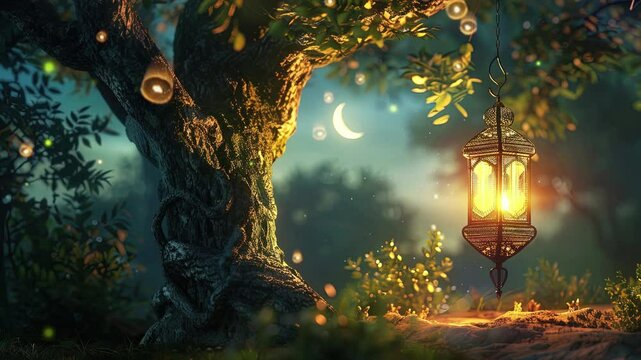 
A beautiful lantern hanging from the tree, glowing in warm light and casting shadows on the ground below it