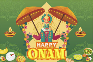 Happy India Kerala Onam festival 2024 and Kathakali vector illustration, banner, background, greeting, poster, template. Happy onam festival 2024 design. 