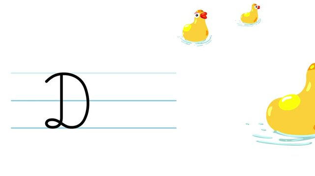 
D letter writing like duck cartoon animation. A compatibile part of the alphabet serie. Handwriting educational style for children. Good for education movies, presentation, learning alphabet, etc...