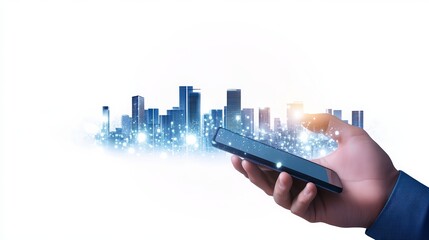 Fototapeta premium Hand holding smartphone with digital city skyline overlay, representing smart city technology and innovation.