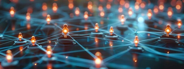 Glowing Network Connections with Abstract Human Figures on a Dark Background Representing Digital Communication