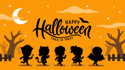 Silhouette of Children dressed in Halloween costumes to go Trick or Treating. Halloween costume kids in spooky holiday. Template for advertising brochure.
