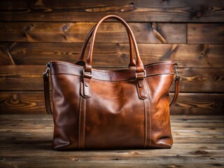 Brown leather tote bag with silver hardware, softly worn and creased, sits open on a rustic wooden table, awaiting its next adventure.