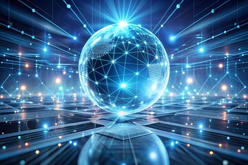 Fototapeta premium Futuristic digital globe with a network of connections glowing in a high-tech environment, symbolizing global communication and advanced technology.