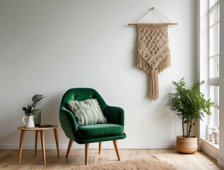 Green Velvet Armchair with Beige Macrame Wall Hanging in a Minimalist Living Room