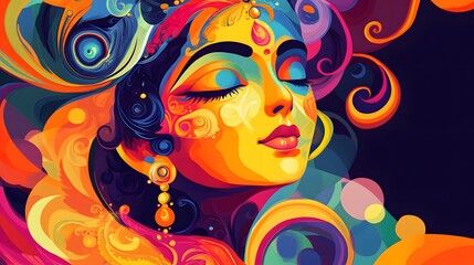 6. **Visualize a festival-themed abstract background for Shree Krishna Janmashtami, combining vivid colors with harmonious, swirling patterns. The design should exude a sense of joy and divine