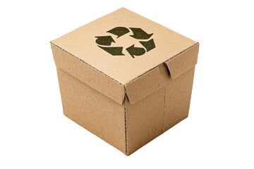 Recyclable cardboard box, eco-friendly packaging, marked with recycling symbol cut out transparent isolated on white background PNG