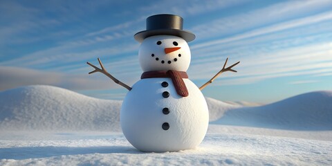 Obraz premium 3D snowman with a brown scarf and black hat standing in a snowy field under a blue sky, with trees in the background.