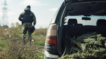 An armed soldier stands guard by an open vehicle, filled with green marijuana plants, in a grassy open space under a blue sky.