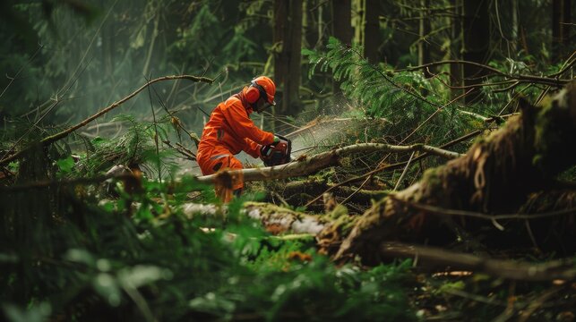 A worker in orange protective gear is diligently cutting through fallen trees in a dense, green forest with a chainsaw.
