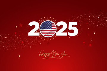 Colorful Happy New Year Festival Design Banner, New Year 2025 Logo with American Flag on Red-Maroon Confetti and star Background, Calendar 2025, Social Media New Year Banner, Post Card, Greetings