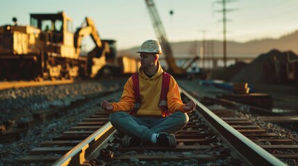 A construction worker meditates serenely on railway tracks amidst heavy machinery, epitomizing calmness in a chaotic environment.