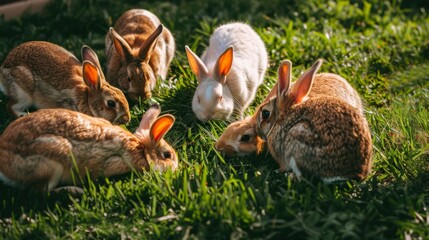 Obraz premium A group of rabbits, including a unique white one, grazes on the vibrant green grass, basking in the sunlight.