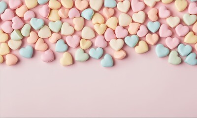 Obraz premium Pink background with pastel-colored heart-shaped candies