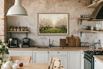 A framed oil painting of an apple orchard in bloom hangs above the kitchen island, in the rustic farmhouse style interior design of a modern, clean, cozy, and sunny country house kitchen.