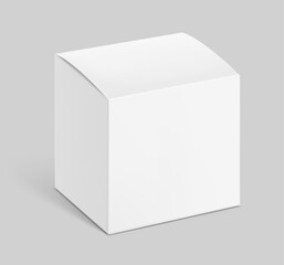 Realistic white paperboard box mockup. Vector illustration isolated on grey background. Half side view. Can be use for food, cosmetic, pharmacy, sport and etc. Ready for your design. EPS10.