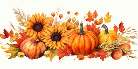 Watercolor Autumn Harvest Composition: Vintage-Style Pumpkins and Sunflowers for Thanksgiving and Halloween. Elegant Seasonal Illustration with Copy Space for Greeting Cards, Cultural Celebrations, an