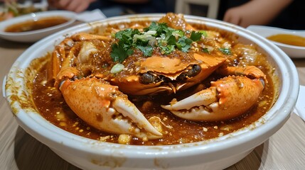 37. A bowl of Singaporean chili crab with spicy sauce