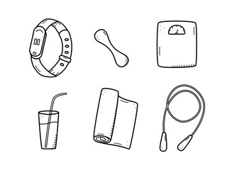 Sports doodle icon set concept. Design elements of a sports invert, a healthy lifestyle. Vector illustration