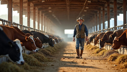 Farmer feeding cows on a rural farm with a barn and pasture in the background.






