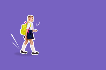 Composite photo collage of happy blonde girl walk school carry backpack supplies preparation education isolated on painted background