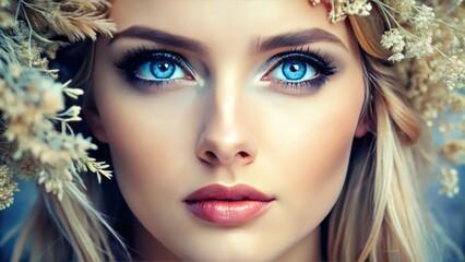 Fototapeta premium Delicate natural eyelashes frame bright blue eyes with a subtle shimmer, gazing upwards with a sense of calmness and serenity in a soft, pastoral light.