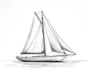 Minimalist Line Drawing of Sailing Boat on Clean White Background