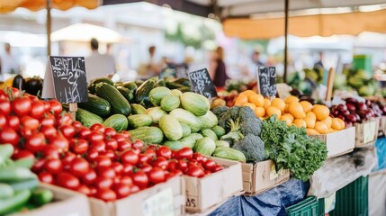 Obraz premium Farmers market stand displaying a colorful array of fresh fruits and vegetables