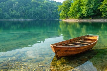 Fototapeta premium Wooden boat on a tranquil lake