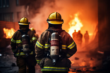 Fototapeta premium AI generated photo of brave firefighter against the backdrop of a burning house