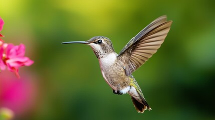 Obraz premium A stunning hummingbird in mid-flight approaching a colorful flower, showcasing its vibrant plumage and delicate wings.