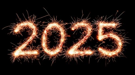 2025 New Year Sparkler Numbers on Black Background, Happy New Year Celebration Concept